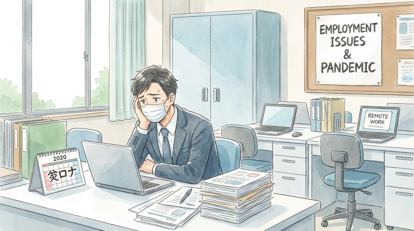 コロナ禍で経営が悪化し、書類を前に法的な判断を連想させる室内の執務机イラスト。背景には天秤の象徴を控えめに配置