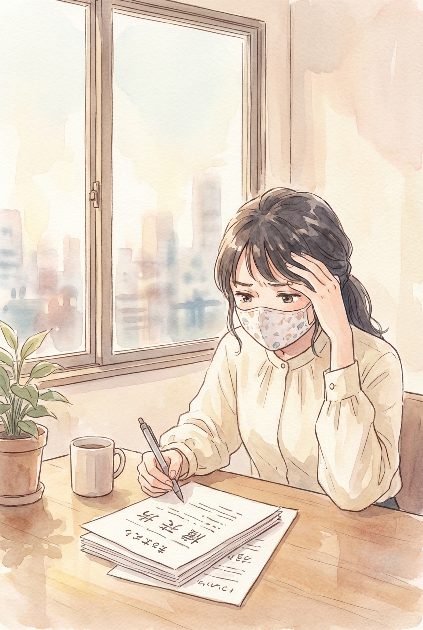 コロナ禍の経営圧力下で人事・組織表や書類を確認する様子。整理解雇や人選の合理性を連想させる挿絵