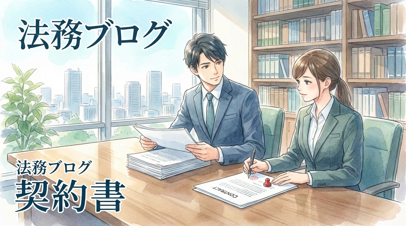 契約書とリーガルチェックを連想させるデスク。書類・ペンと、背景に控えめな天秤のイラスト