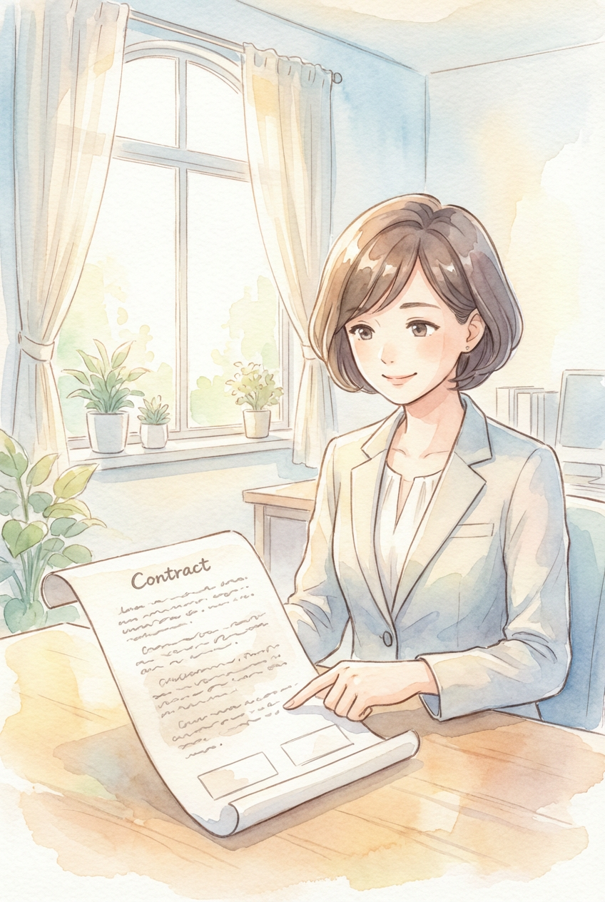 契約条項や署名欄を指し示す様子。書面での合意内容の明確化・紛争予防を連想させる挿絵