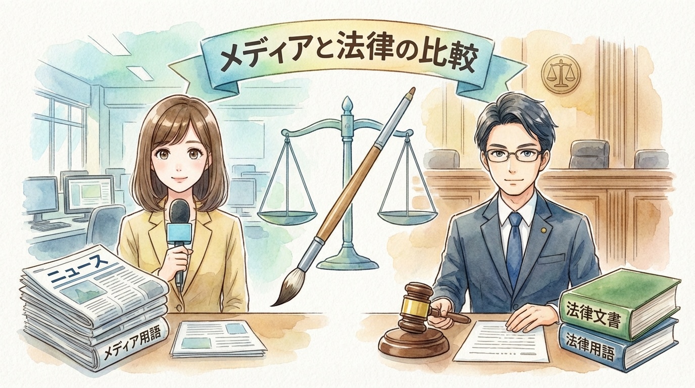 法的用語の誤りを示す拡大鏡と書面、吹き出しの対比を連想させるイラスト。被疑者・被告人などの使い分けを思い出す