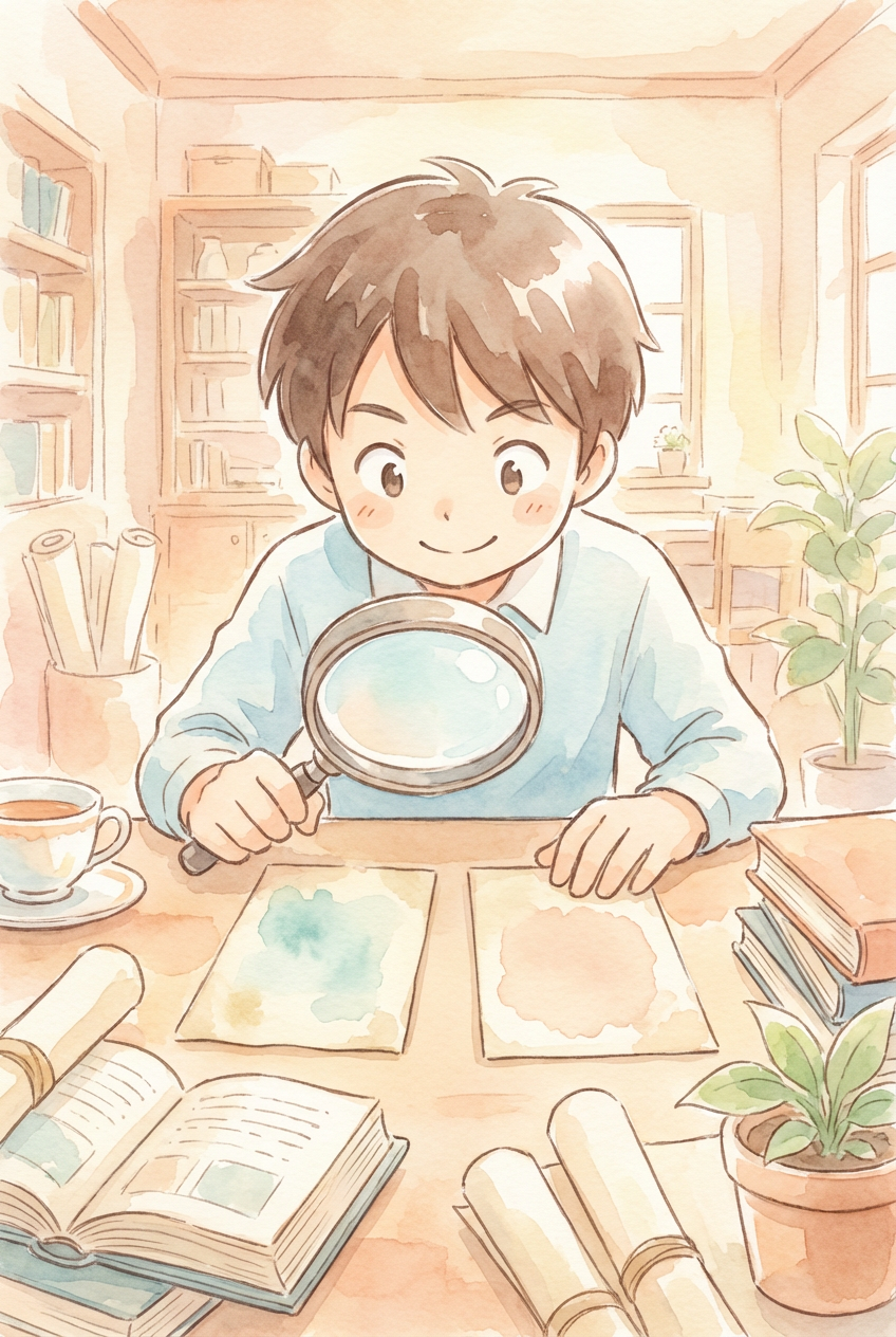 法的用語の使い分けを連想させる拡大鏡と用語カードの挿絵。被疑者・被告人の区別を思い出す