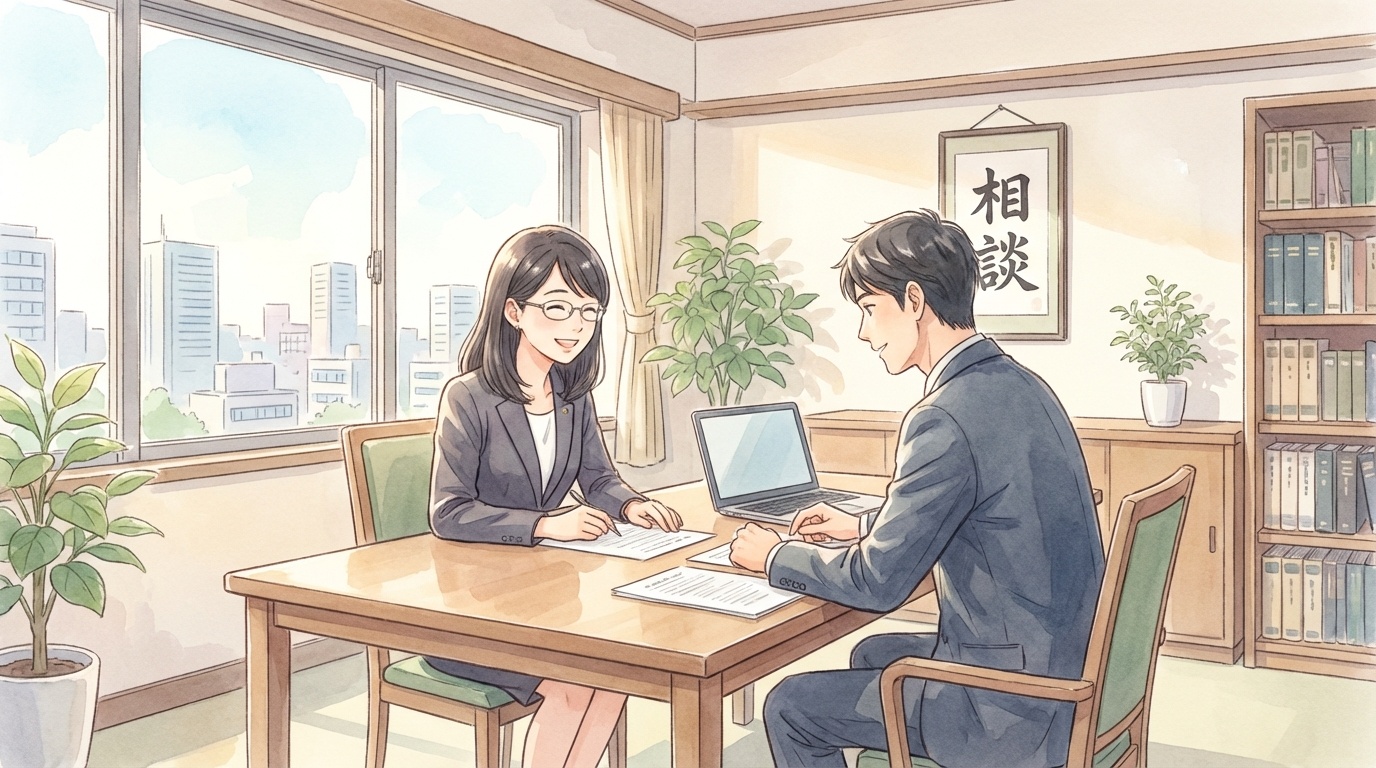 顧問弁護士と予防法務を連想させるデスク上の書類、継続の目印、シールドのモチーフを描いたイラスト