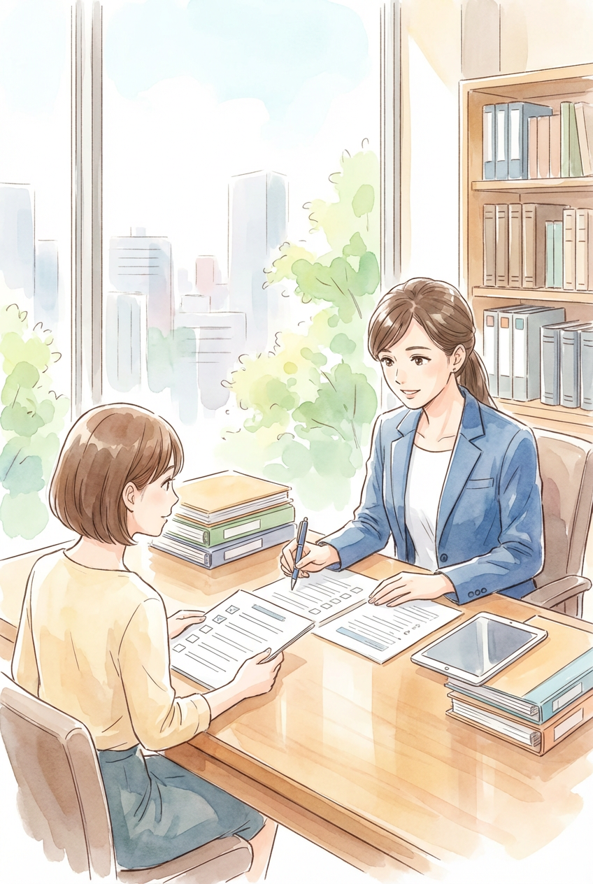 顧問弁護士による予防法務を連想させるチェックリストと書類の挿絵。継続的な相談をイメージ