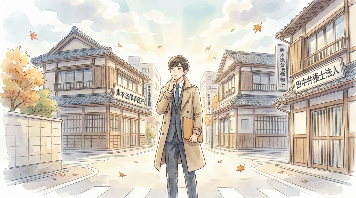 法律事務所の選び方を連想させる室内の執務机。書類束と電話端末、法の象徴モチーフを控えめに配置したイラスト