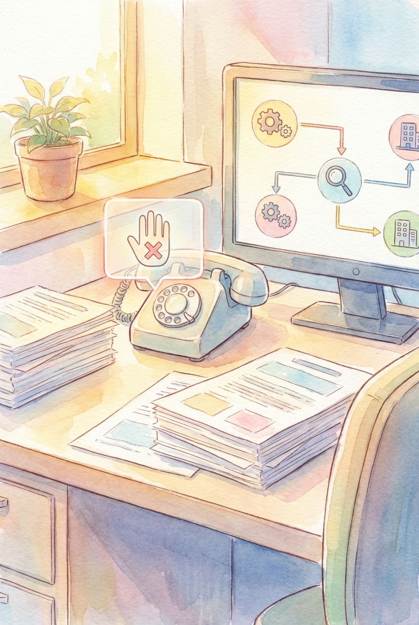 法律事務所の選び方を連想させる書類束と電話端末の近景。事務員だけの対応が非弁になり得る注意喚起をイメージした挿絵