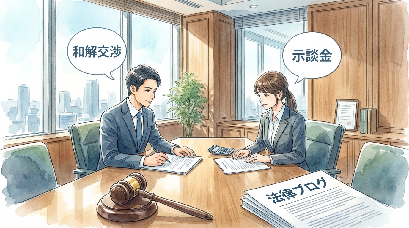 解決金（合意書上の名目）を連想させる室内の執務机。合意書の束と法の象徴モチーフを控えめに配置したイラスト