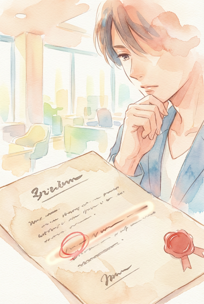 解決金と口外禁止を連想させる合意書の近景。封緘のモチーフで注意喚起する挿絵