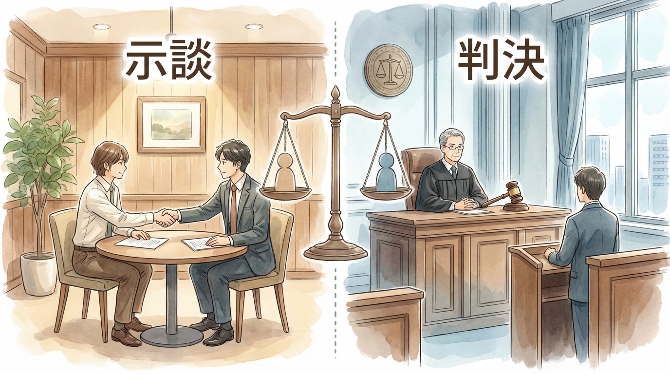 和解にするか判決にするかを検討する法律相談の場面。机上には訴訟資料や和解案が置かれ、費用・時間・回収可能性を踏まえて慎重に判断している