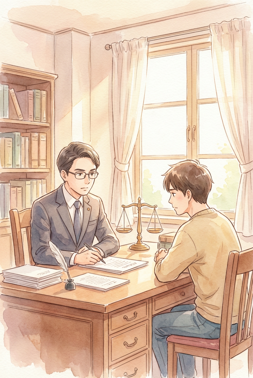 和解案と訴訟資料を前に、示談で解決するか判決まで進むかを比較検討している様子を表した挿絵