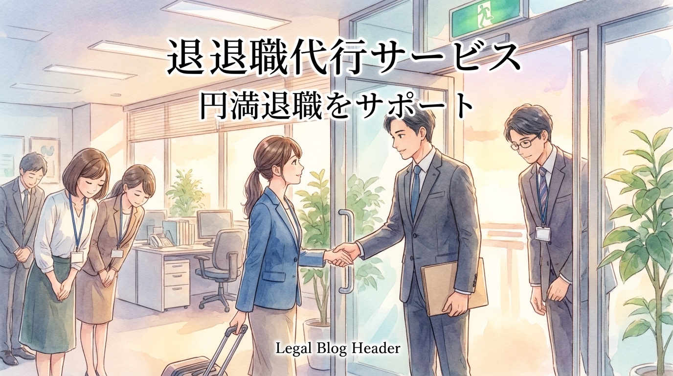 退職代行サービスの利用をめぐり、退職の意思表示や会社とのやり取りについて慎重に検討している法律相談の場面。机上には通知文書や雇用関係の資料が置かれている