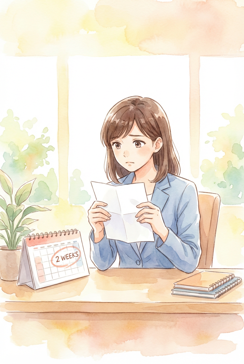 退職代行サービスによる通知文書や雇用契約書を前に、円満な退職方法や法的リスクを検討している様子を表した挿絵