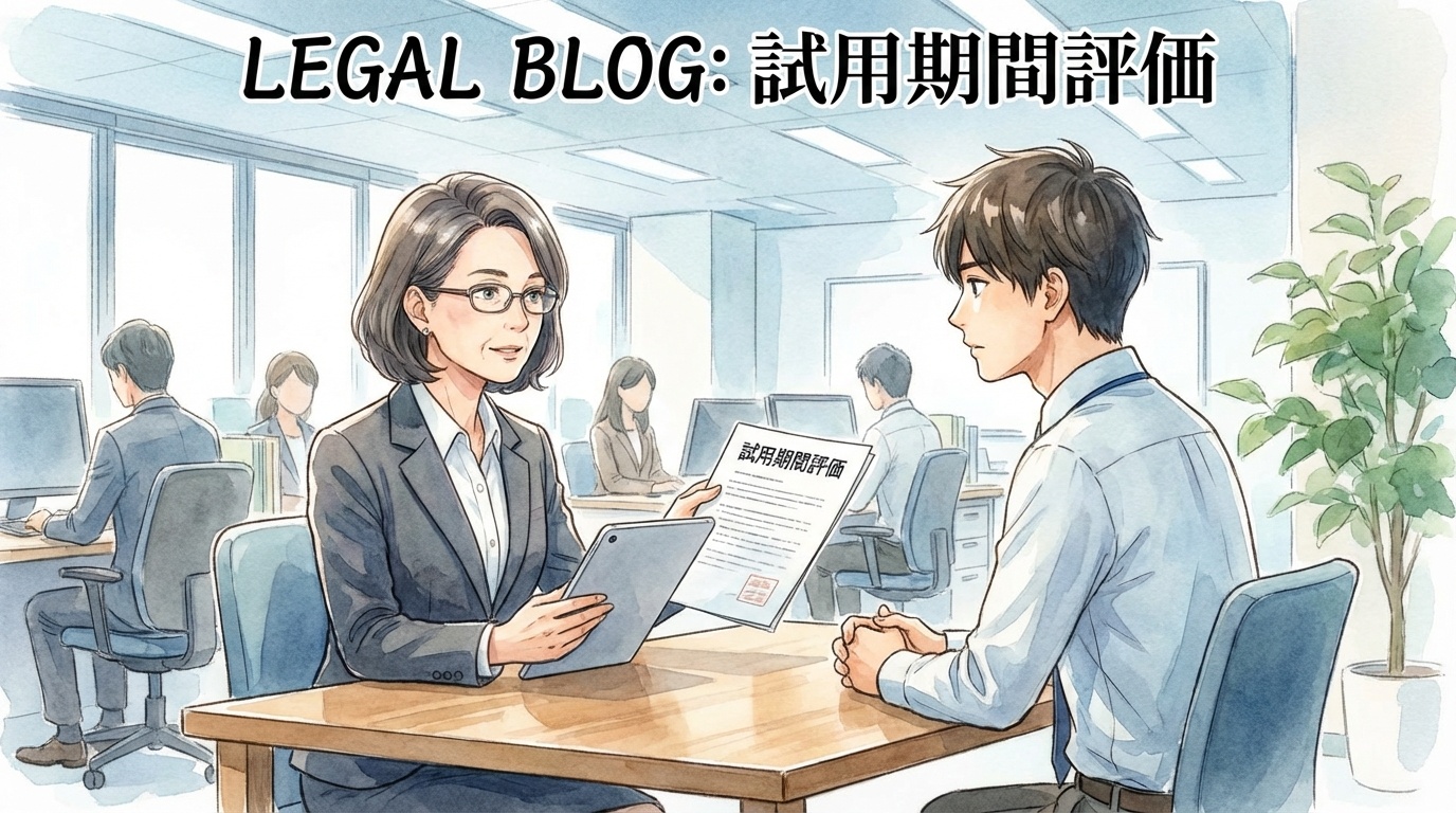 試用期間満了時の本採用拒否について、会社側が指導記録や勤務状況を確認しながら慎重に判断している法律相談の場面。机上には雇用関係の資料が置かれている