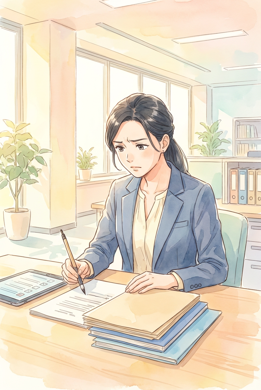 試用期間中の勤務状況や指導記録を確認しながら、本採用拒否の可否を慎重に検討している様子を表した挿絵