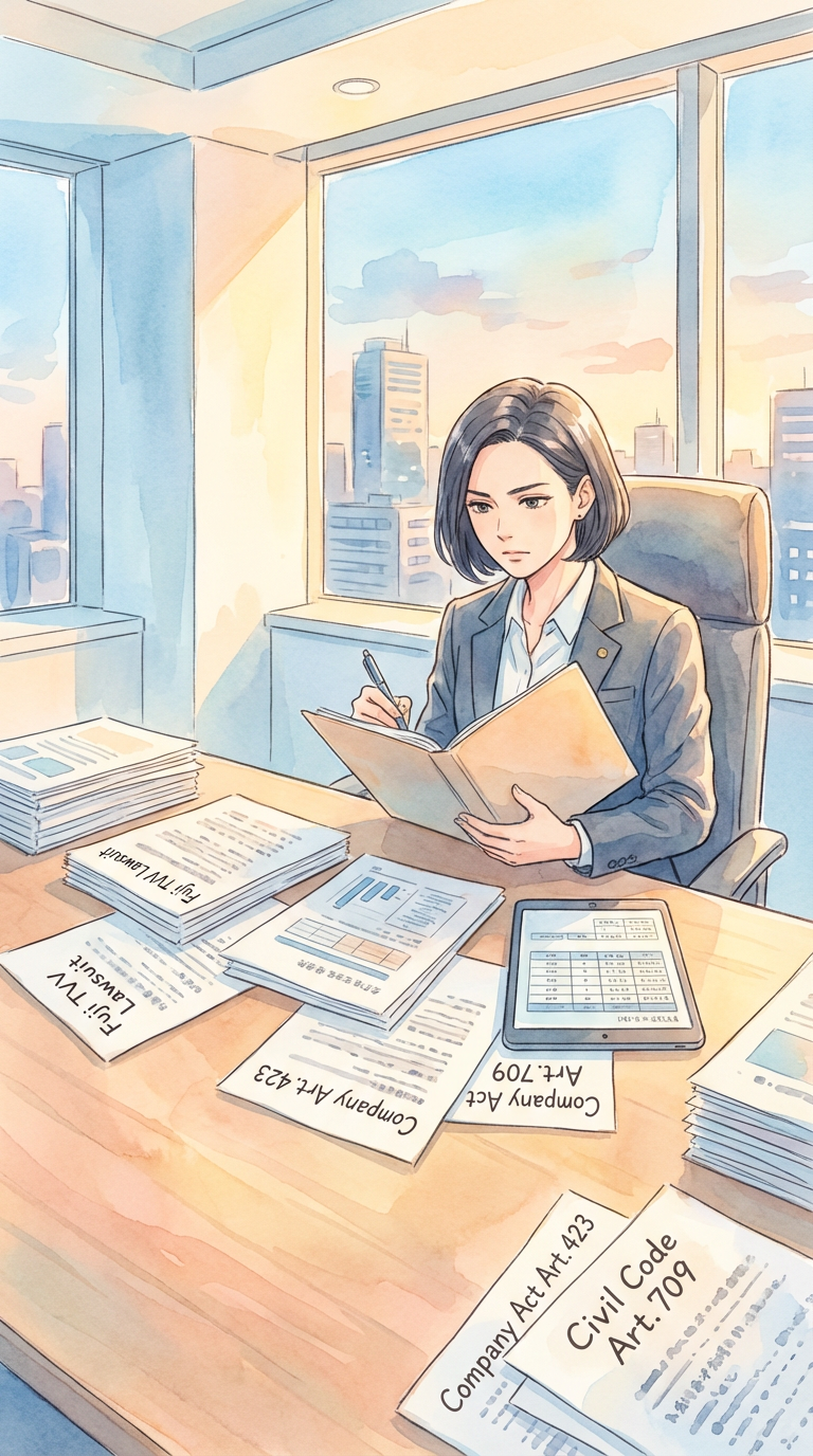 これまで扱った法的テーマのメモを見ながら、相談実務の本質を振り返っている様子を表した挿絵