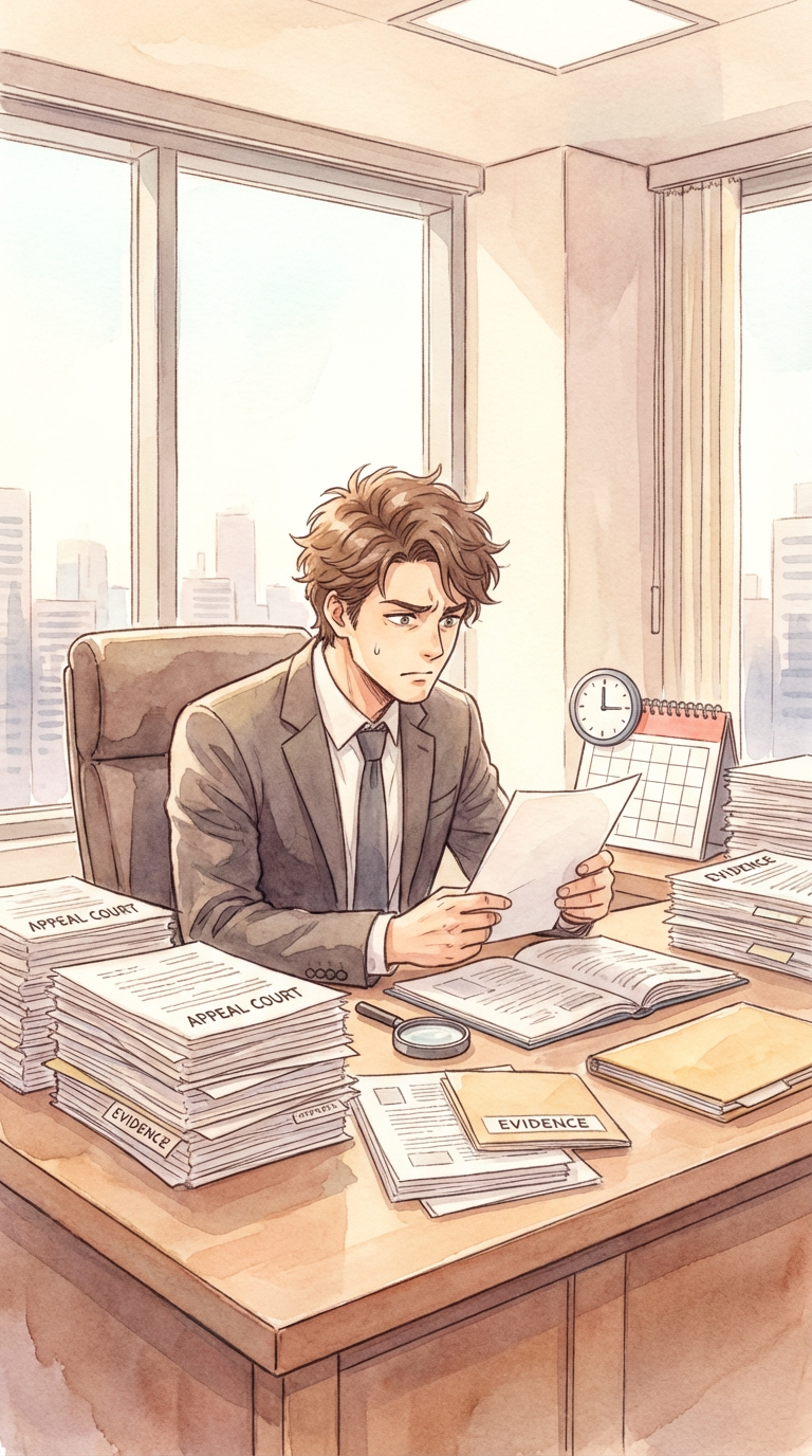 主張整理表や証拠状況メモを見ながら、裁判の見通しを整理している様子を表した挿絵