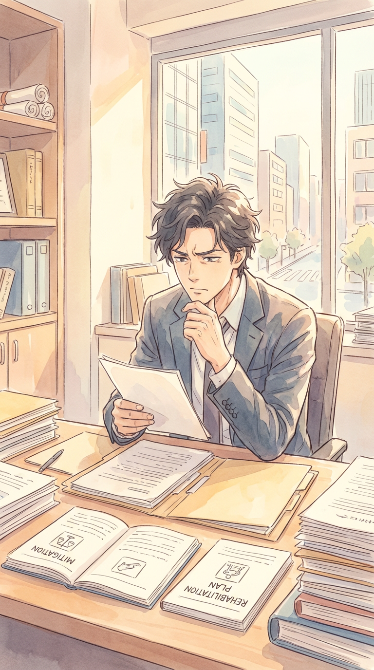 交渉経過メモや証拠資料を見ながら、交渉継続の可否を整理している様子を表した挿絵