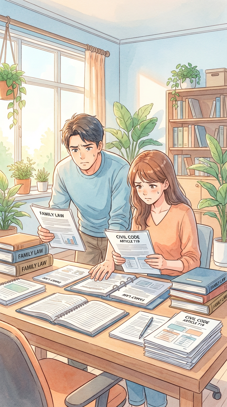 証拠や相談メモを見ながら、法的手続前の準備事項を整理している様子を表した挿絵