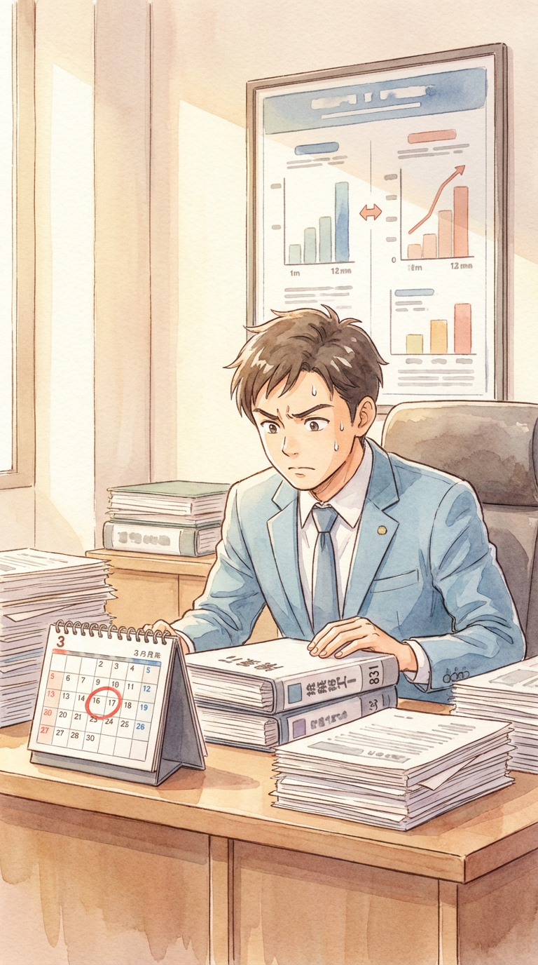 交渉経過メモや提示条件の比較表を見ながら、交渉打切りの判断材料を整理している様子を表した挿絵