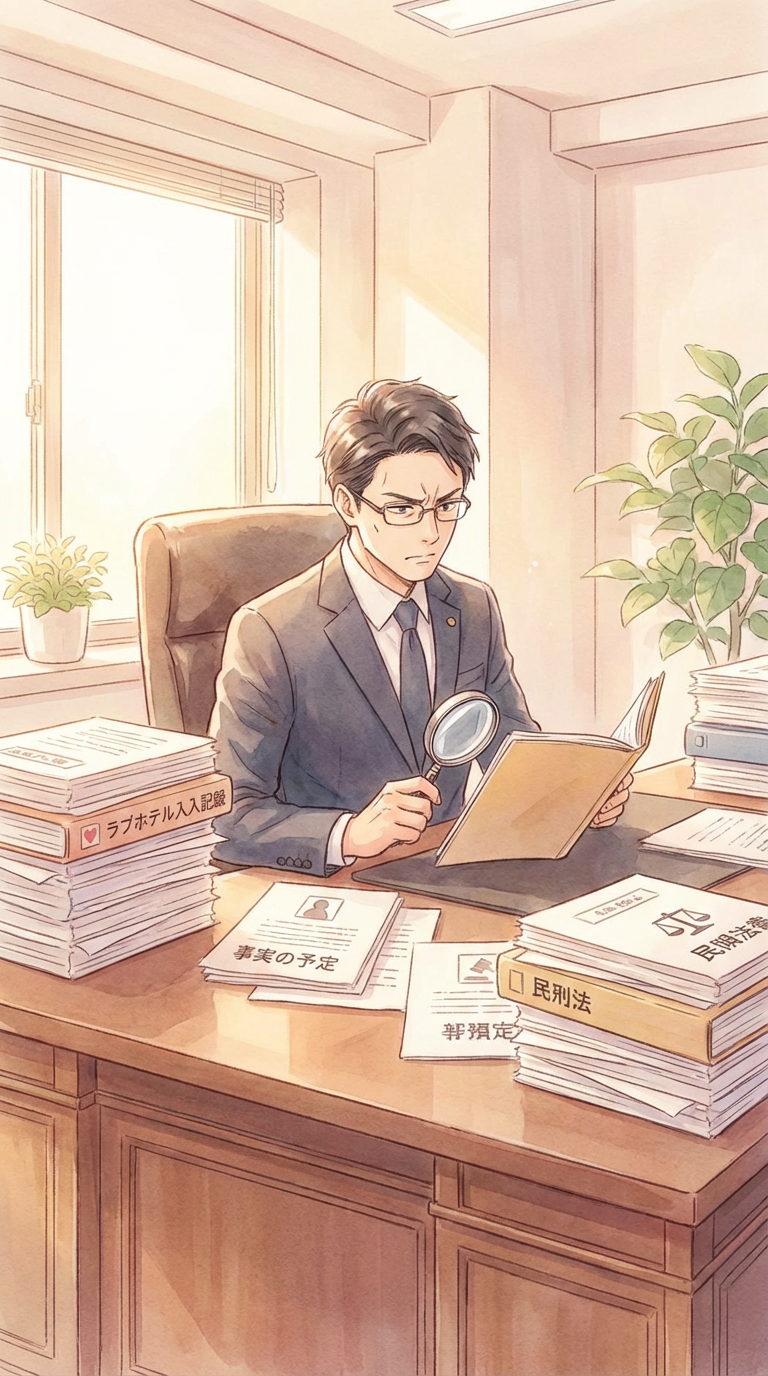 社内資料や事実経過メモを見ながら、初動対応のポイントを整理している様子を表した挿絵