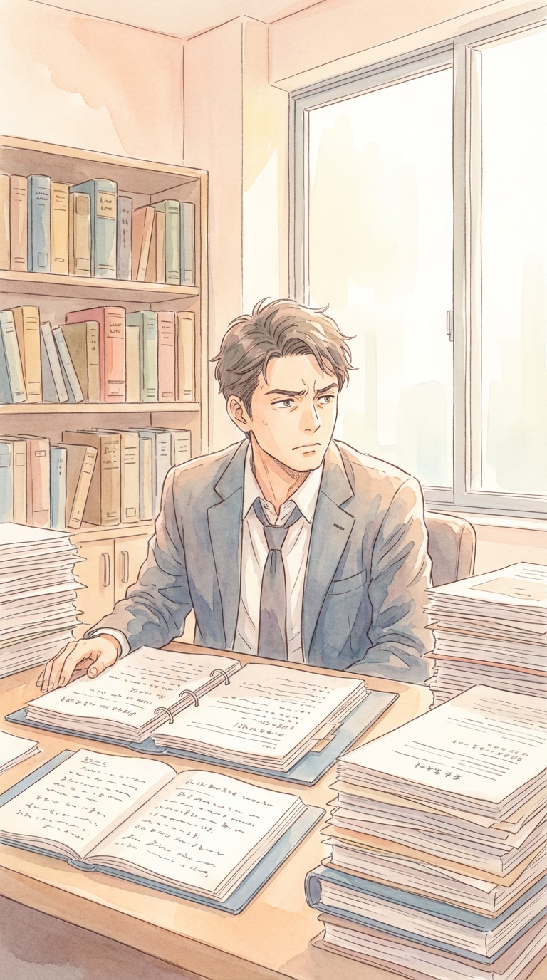 証拠資料や主張整理表を見ながら、立証の組み立て方を整理している様子を表した挿絵