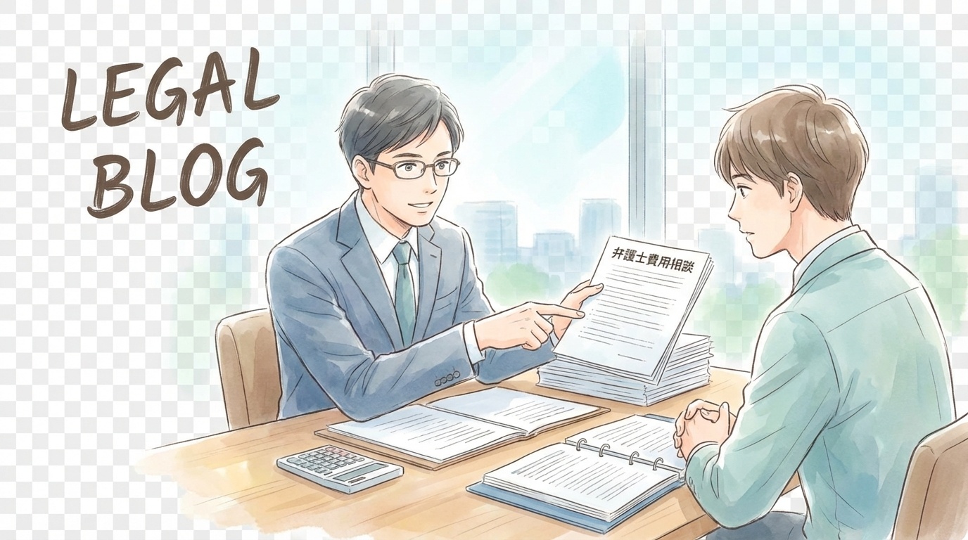 弁護士費用の決まり方について、着手金・報酬金やタイムチャージの資料を見ながら説明を受けている法律相談の場面。委任契約書が机上に置かれている