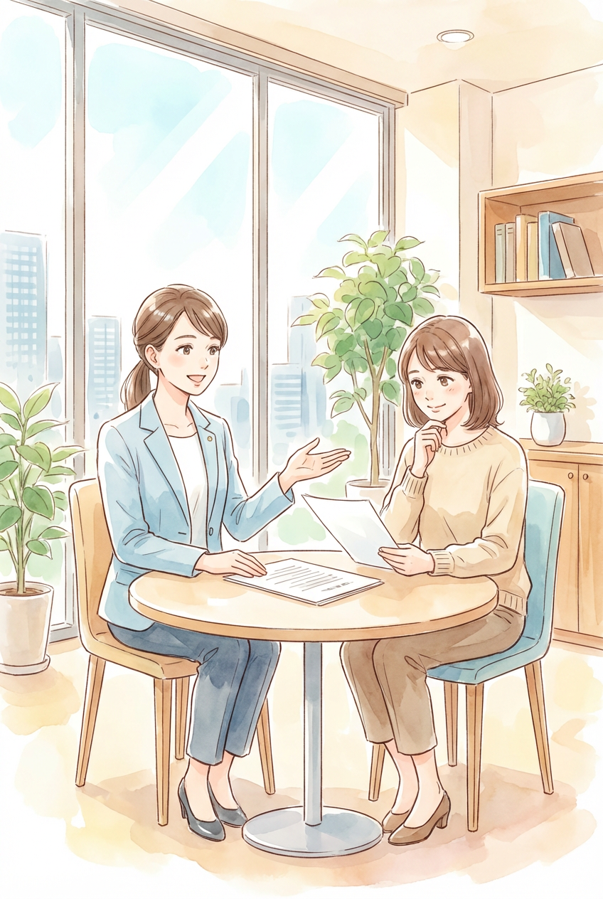 着手金・報酬金やタイムチャージの違いを示す資料と委任契約書を確認しながら、弁護士費用の仕組みを検討している様子を表した挿絵