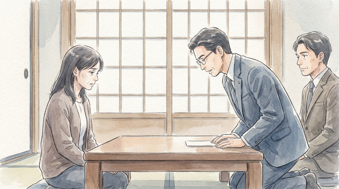 依頼者に結果見通しをどう伝えるかについて、証拠状況や裁判の流れを確認しながら慎重に検討している法律相談の場面