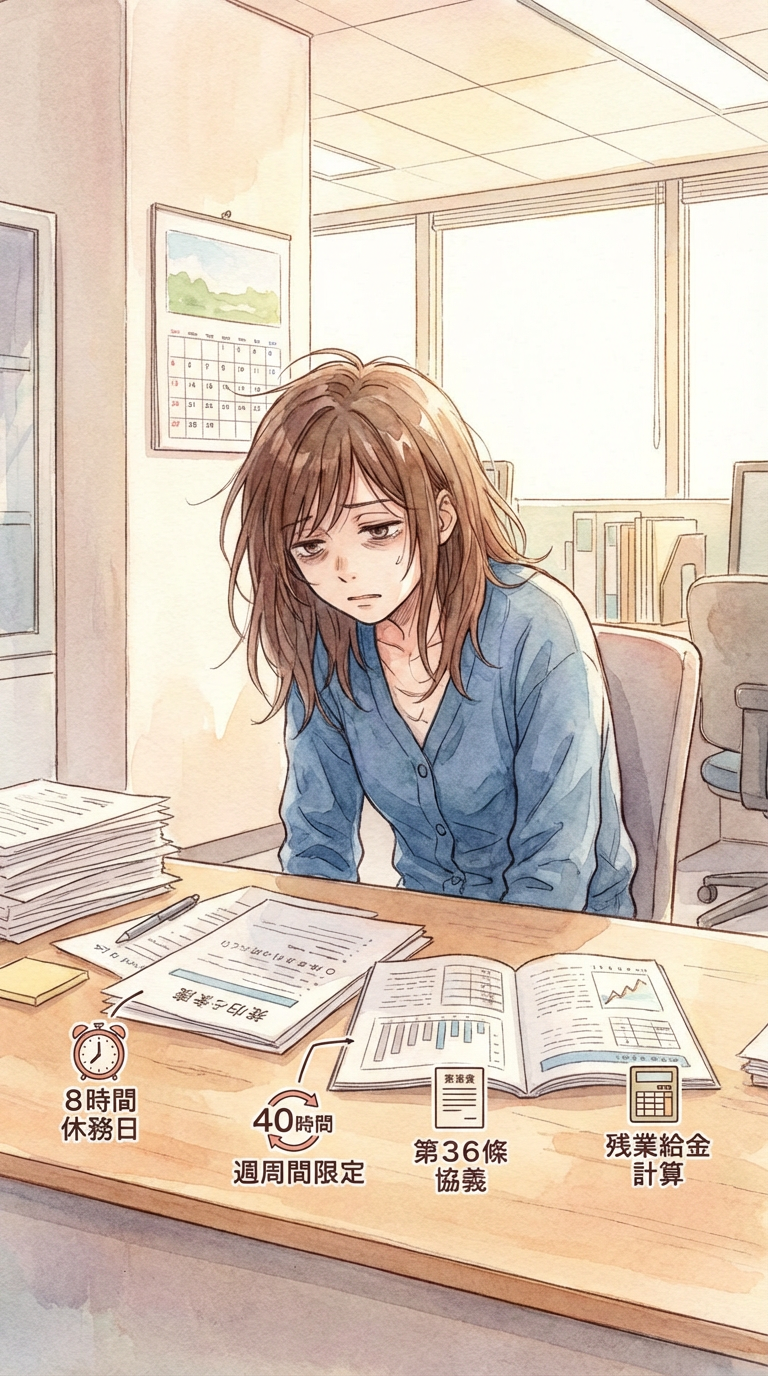 証拠状況や裁判の流れの資料を見ながら、結果見通しの伝え方を整理している様子を表した挿絵