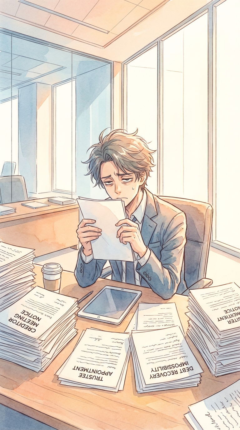 訴訟資料や整理メモを見ながら、事件全体の最終整理をしている様子を表した挿絵