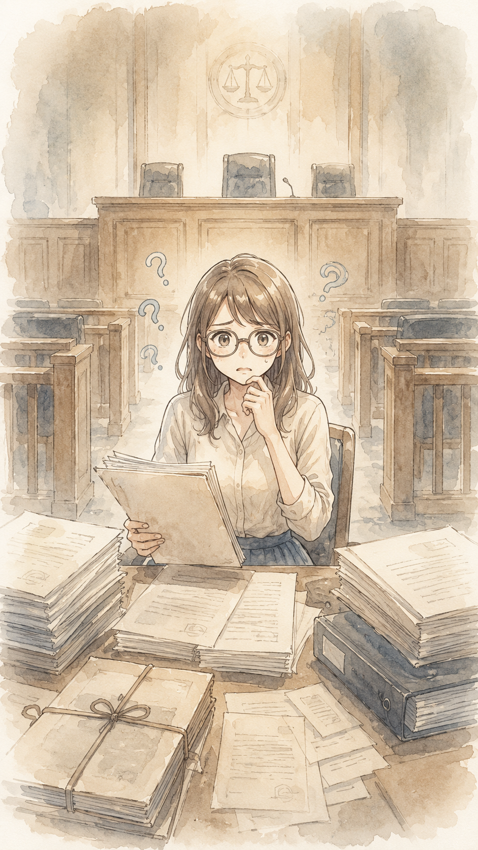 訴訟代理人の辞任届や訴訟資料を確認しながら、本人訴訟への移行を検討している様子を表した挿絵