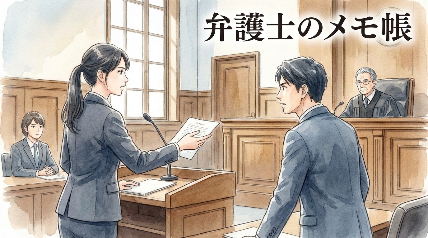 刑事弁護の難しさについて、重大事件の公判報道を踏まえながら、被告人の供述と弁護方針の関係を慎重に検討している法律相談の場面。机上には公判資料が置かれている