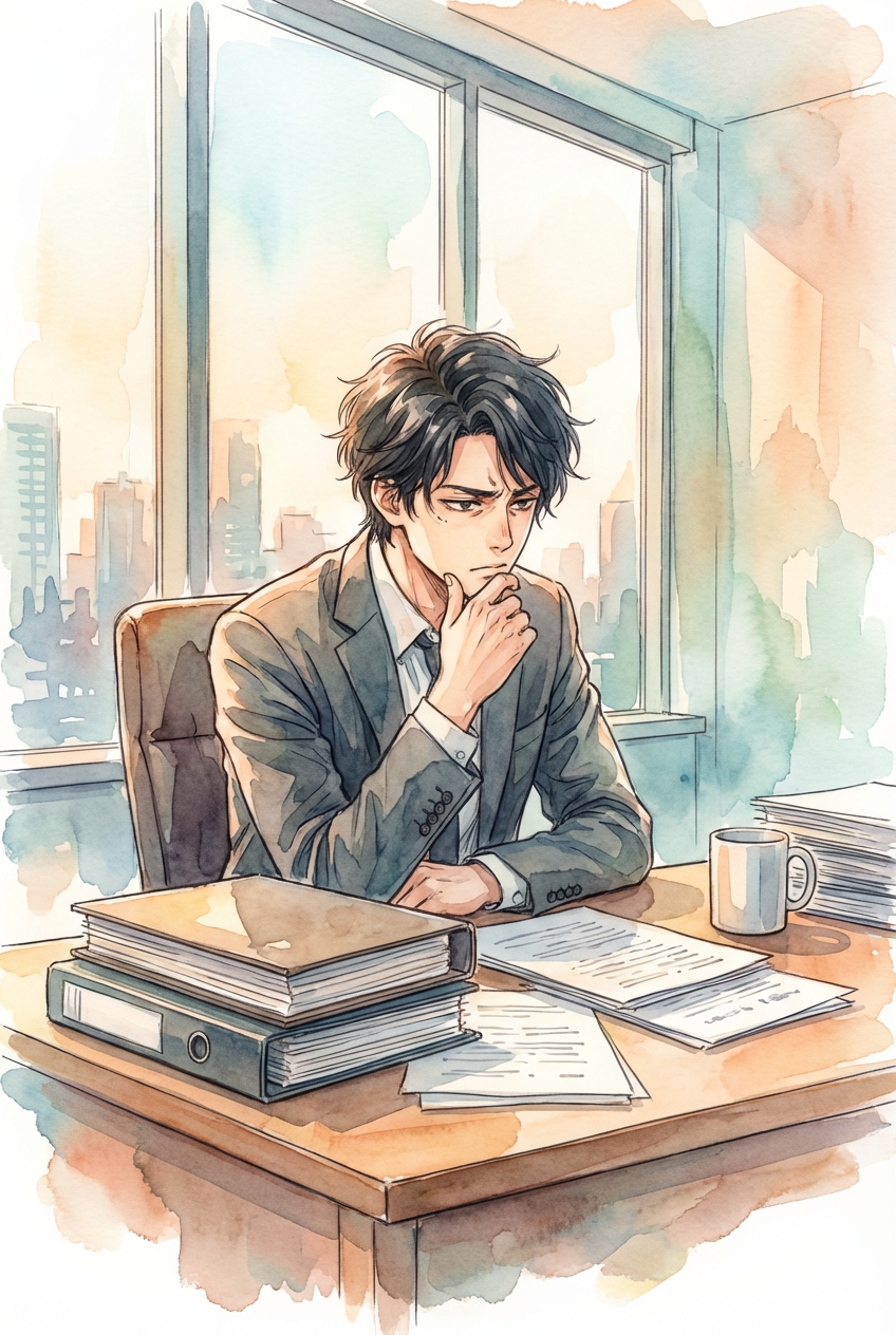 公判資料や供述内容を確認しながら、刑事弁護における主張と防御の難しさを検討している様子を表した挿絵