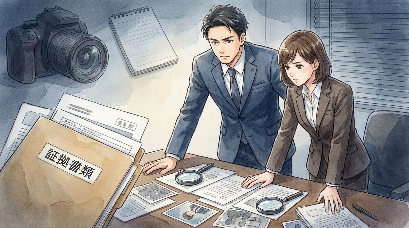 不倫の慰謝料請求に向けて、証拠の準備や請求方針を慎重に検討している法律相談の場面。机上には写真やメッセージ記録などの資料が置かれている