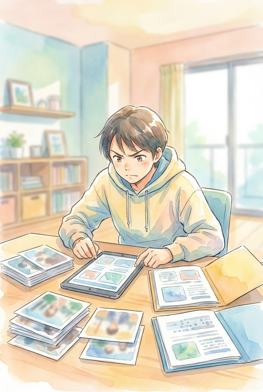 不倫の慰謝料請求に必要な証拠を整理しながら、請求の進め方を確認している様子を表した挿絵