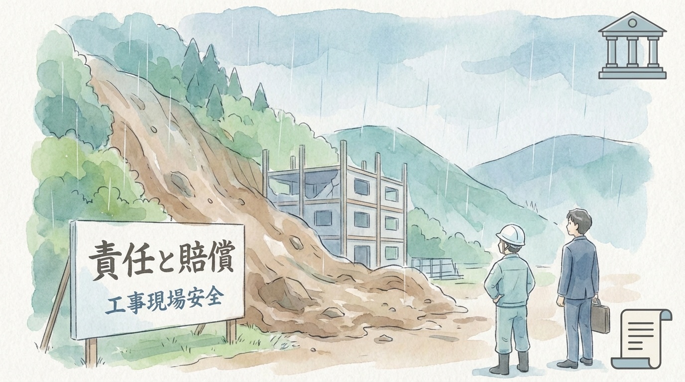 熱海の土砂崩れをめぐり、被害の発生状況や土地の履歴を確認しながら責任の所在を検討している法律相談の場面。机上には現地資料や関係書類が置かれている