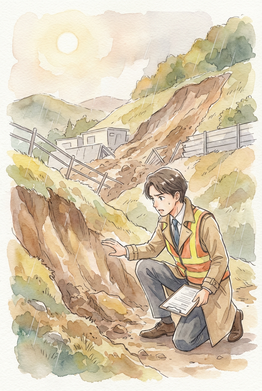 盛土の経緯や所有関係の資料を見ながら、土砂崩れの責任の所在を整理している様子を表した挿絵