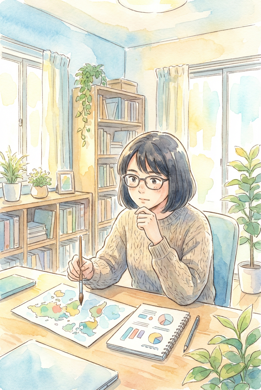 裁判所の管轄や訴訟提起先を確認するために、地図や書類を見比べている様子を表した挿絵