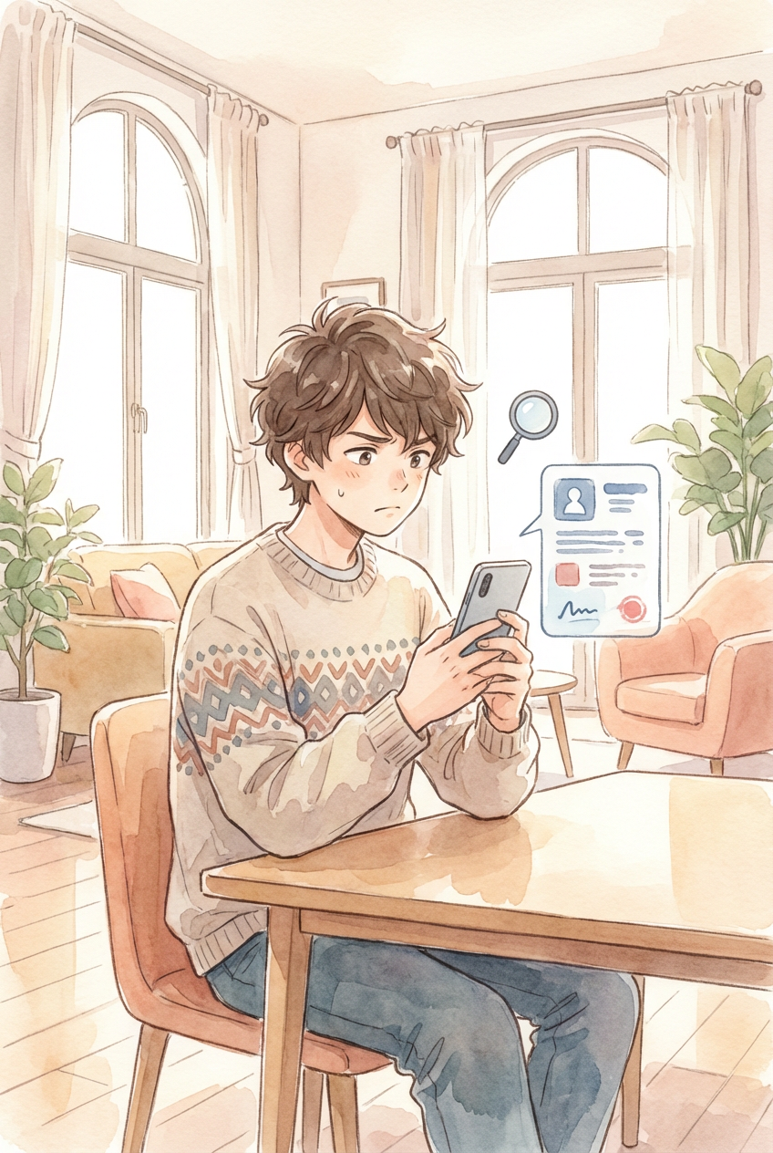 届いた書類やメッセージを見ながら、架空請求か正式な手続かを見分けようとしている様子を表した挿絵