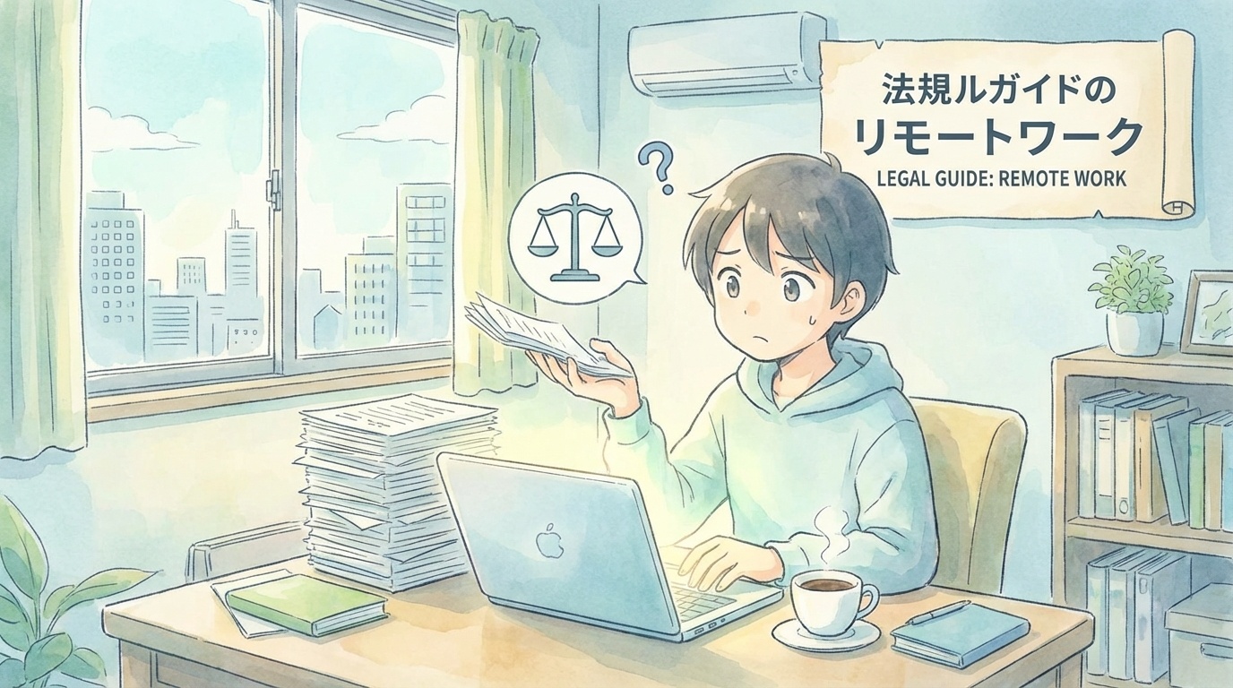 テレワークの難しさについて、勤務管理や業務運営の課題を資料で確認しながら検討している職場の場面