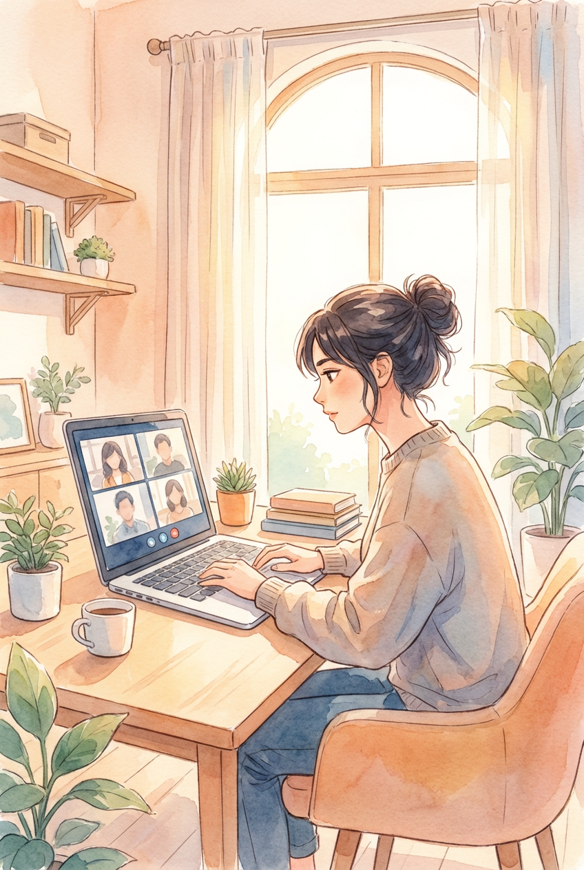 在宅勤務の管理方法や労務上の注意点を確認しながら、テレワーク運用を検討している様子を表した挿絵