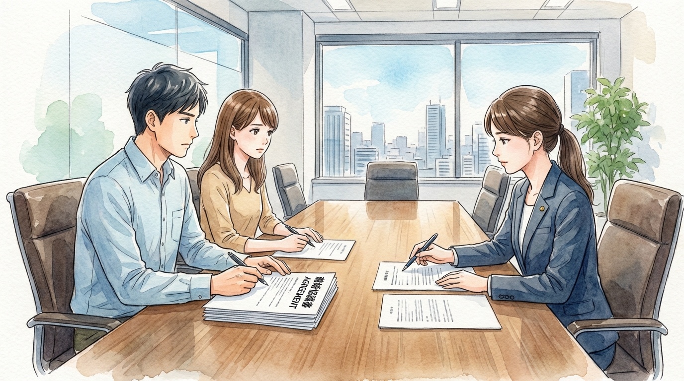 離婚する際に最低限決めておくべき条件について、今後の生活や子どもに関わる事項を整理しながら慎重に話し合っている法律相談の場面