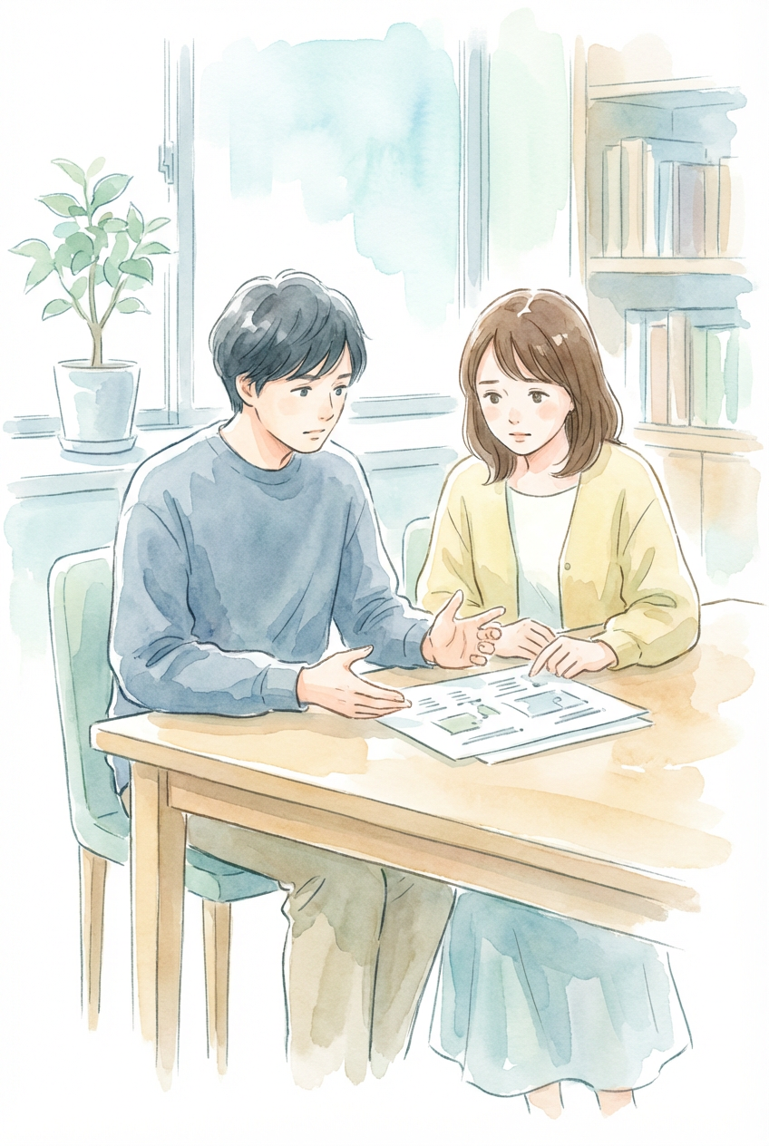 離婚時に決めるべき条件を整理するため、書類を見ながら今後の取り決めを確認している様子を表した挿絵