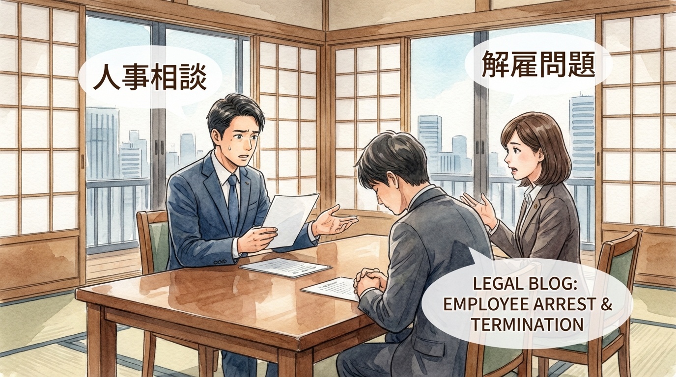 従業員が逮捕された場合に会社がどのように対応すべきかを、解雇の可否や勤務先への連絡も含めて慎重に検討している法律相談の場面