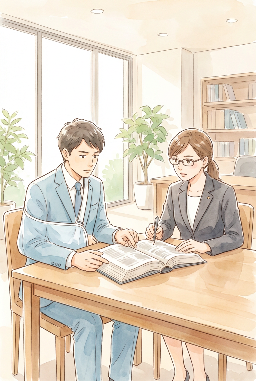 事故状況や過失割合の判断材料を整理しながら、責任割合を検討している様子を表した挿絵