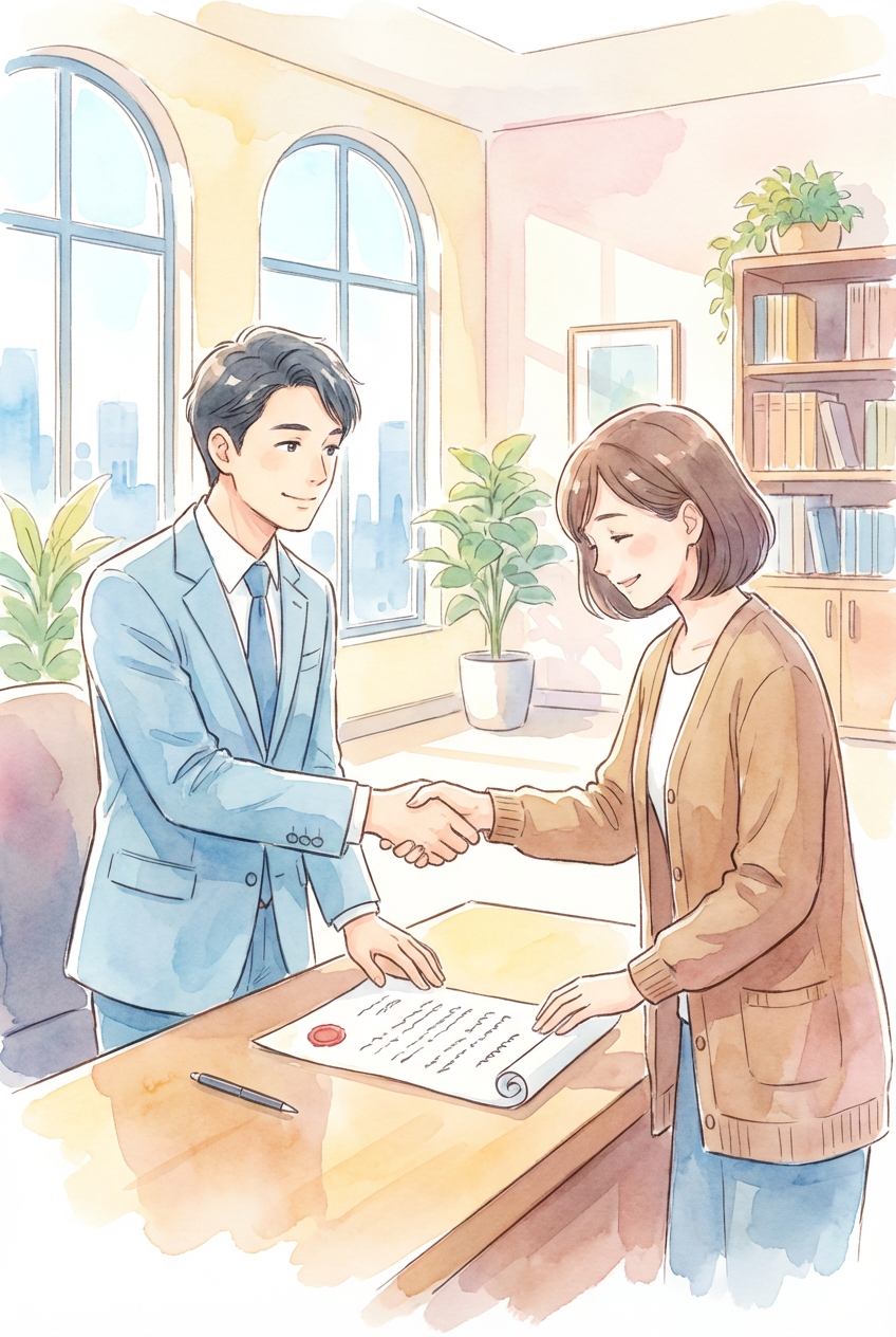 依頼者の話を丁寧に聞きながら、信頼関係を築いている様子を表した挿絵