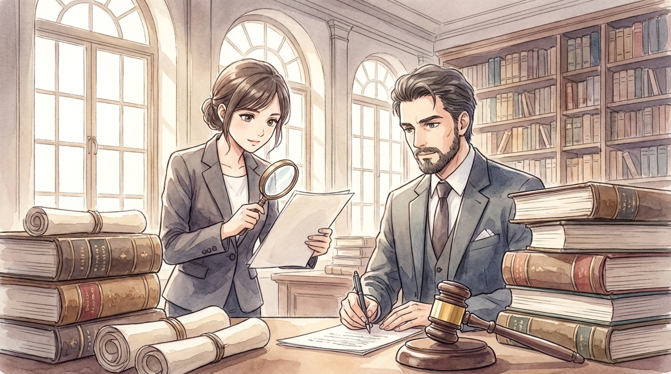 判例の重要性について、判決文や判例資料を確認しながら結論の根拠を検討している法律相談の場面