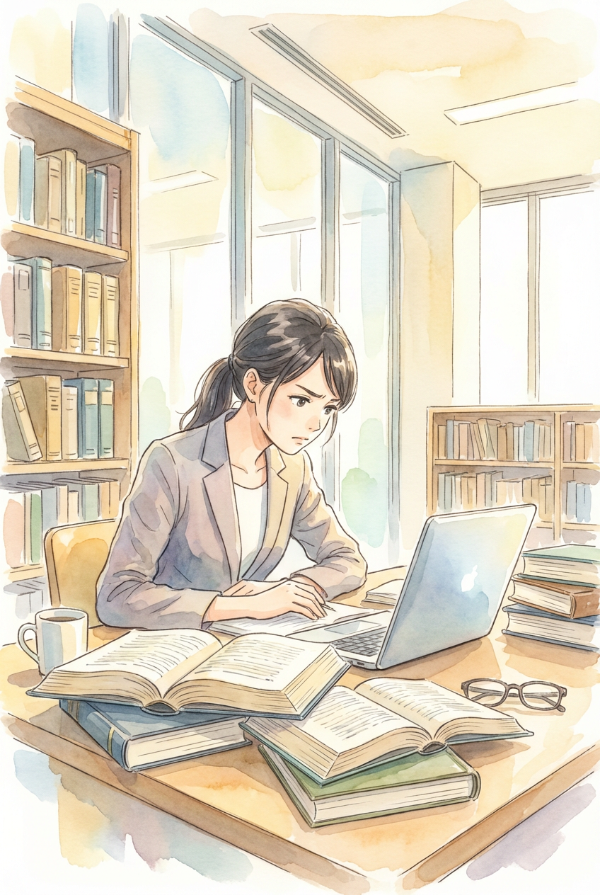 判例集や判決文を見比べながら、判例の意味を整理している様子を表した挿絵