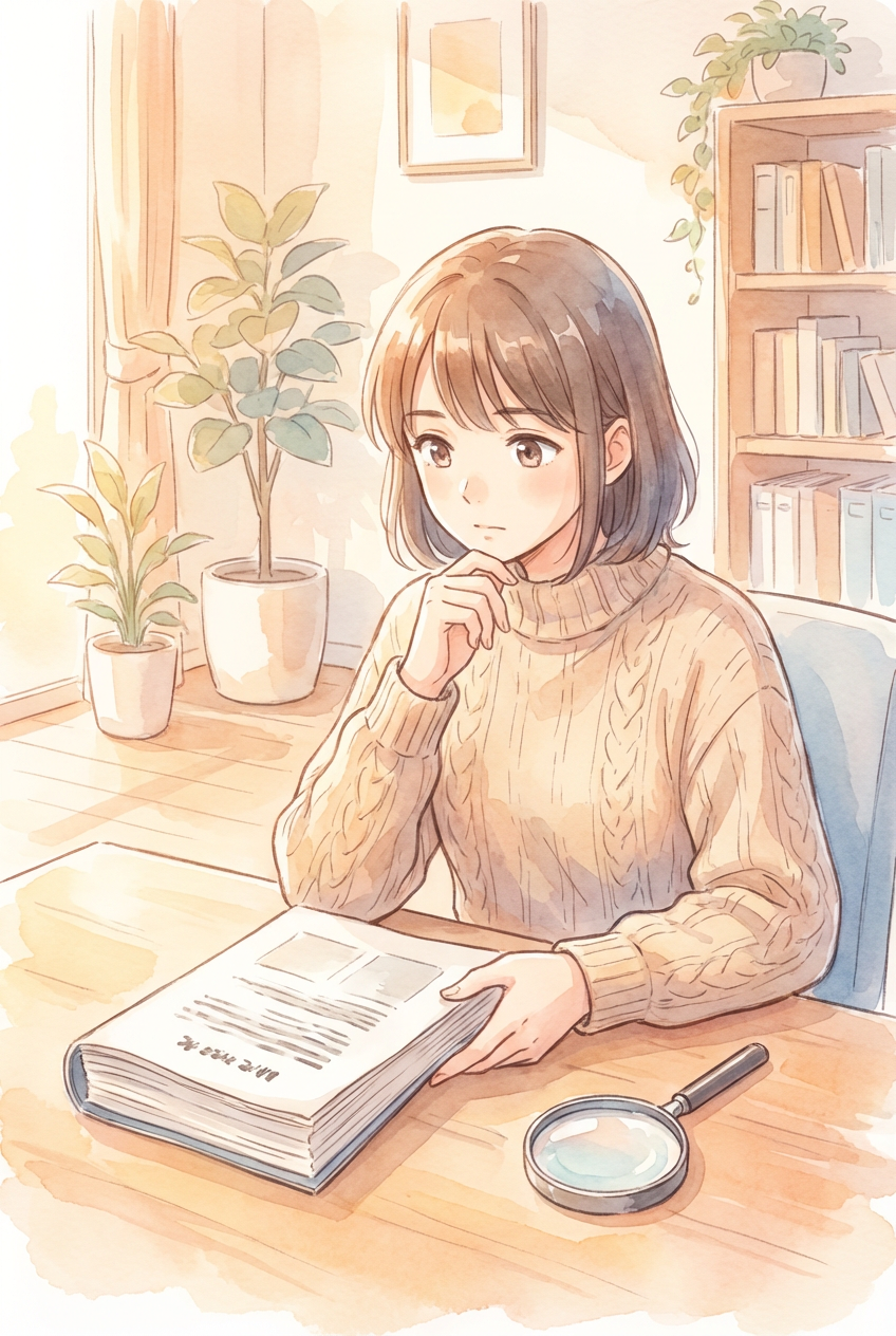 条文や事情を照らし合わせながら、法的根拠の有無を整理している様子を表した挿絵