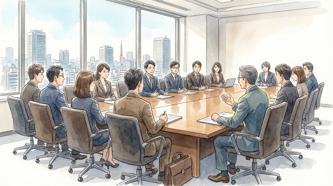 社外役員の責任と役割について、会社資料を確認しながら立場と責任の違いを検討している法律相談の場面